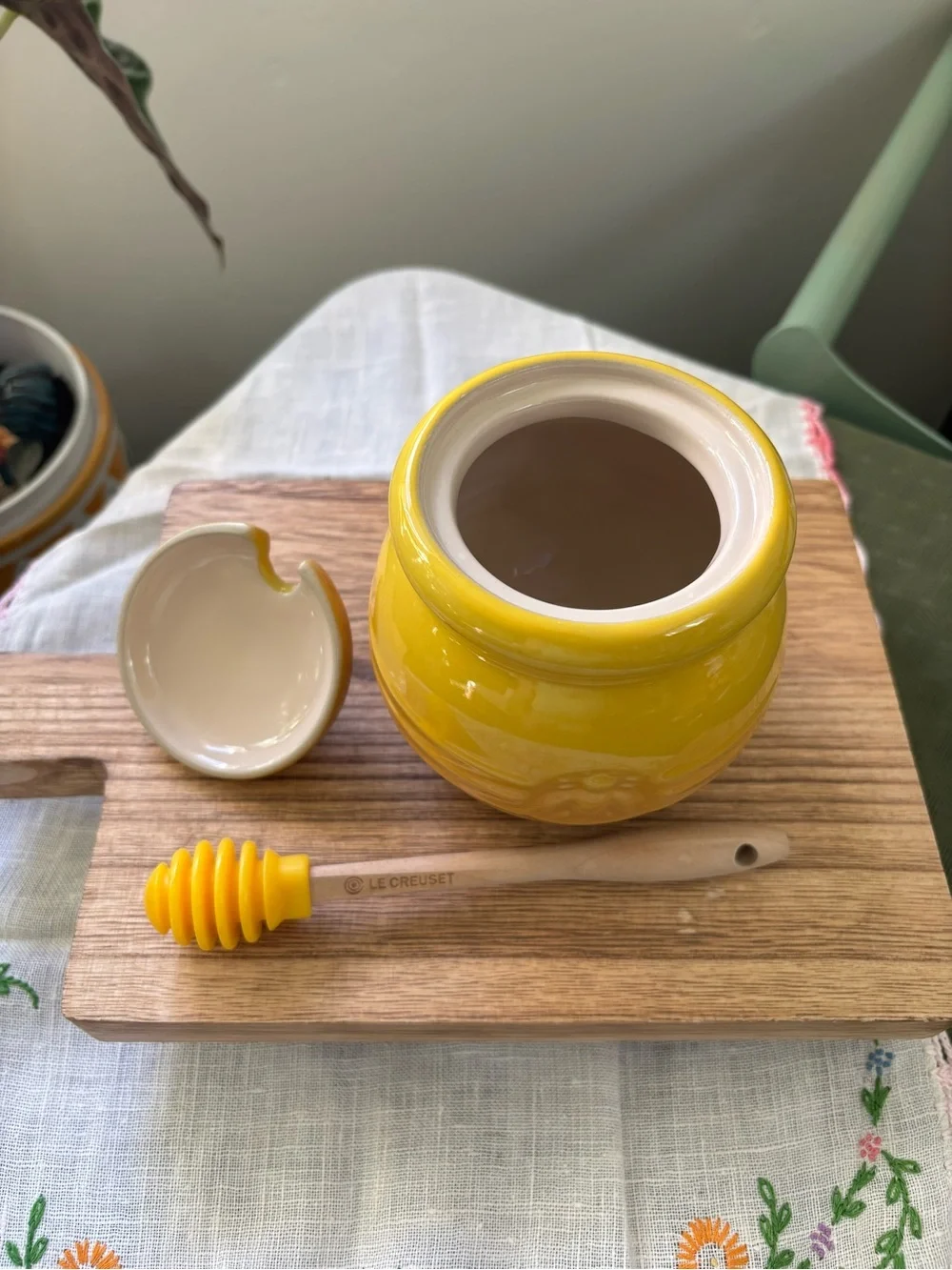 Le Creuset Discontinued Yellow Ceramic Honey Pot with Wooden Dipper